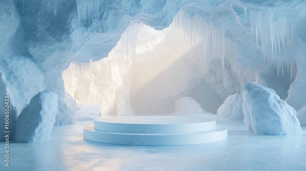 Poster this serene icy cave features a white circular stage illuminated by soft light, creating a mystical 