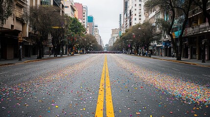 Empty city street, confetti scattered