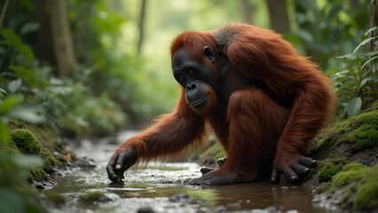 Orangutan in the jungle. Pondering at a babbling brook. Ultra realistic wildlife scene. Nature's tranquility captured in vibrant detail.