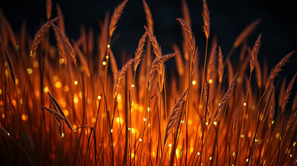 Nightfall over a field of glowing wheat with magical lights and dreamy golden sparkles across tall stalks