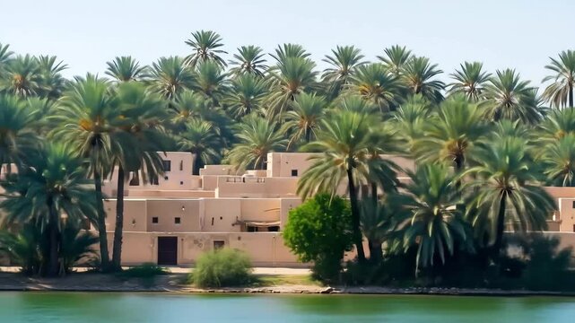 Serene Journey Past a Traditional Adobe Village Nestled in a Lush Palm Tree Oasis by a Calm River.