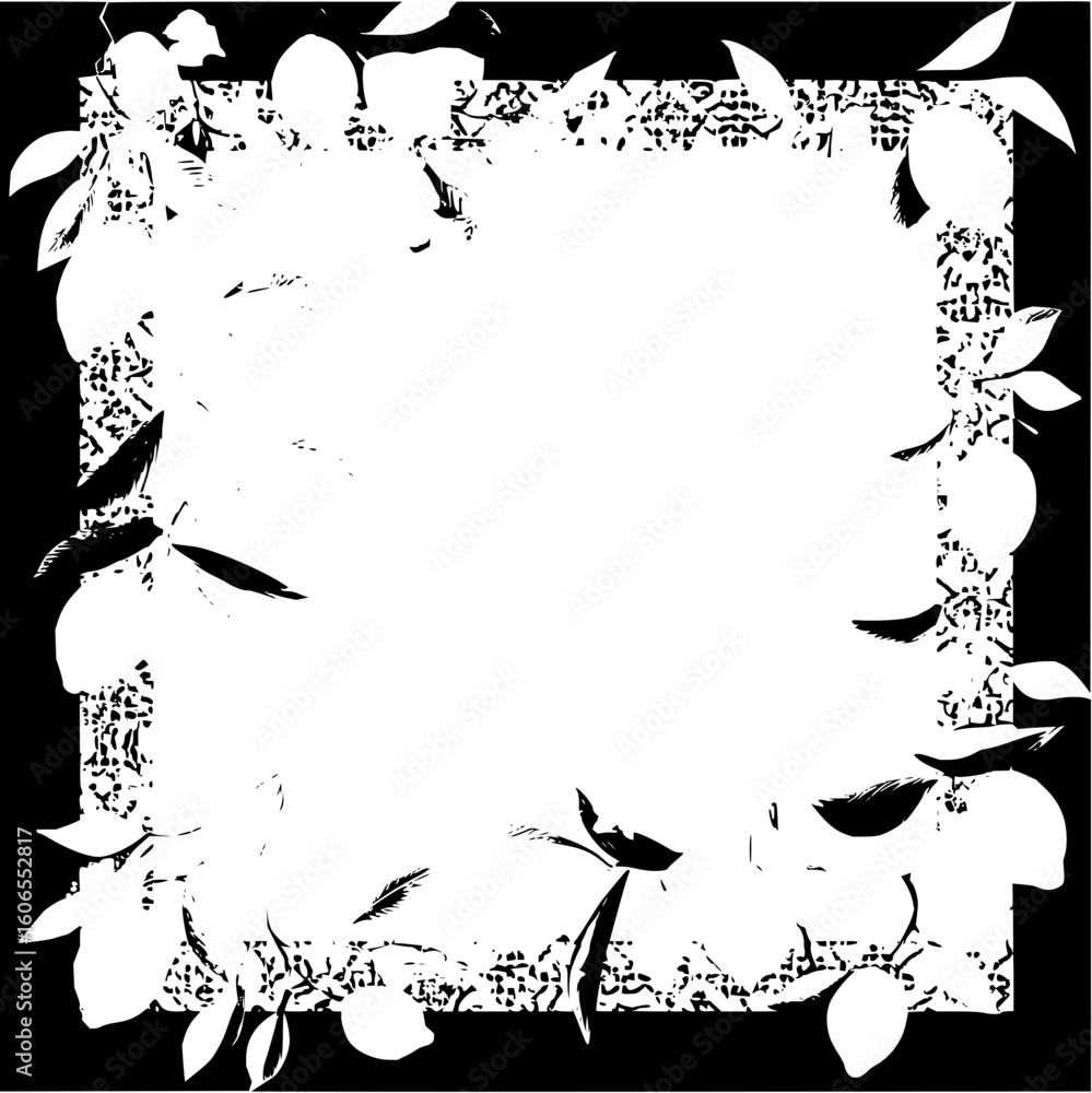 Poster monochrome frame with leaves and fruit creating a border around a central white rectangular space ar