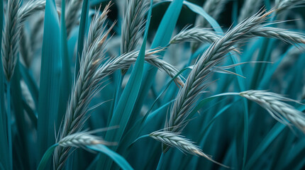 Cool-toned field of bluish wheat swaying gently in the breeze creating a surreal and calming visual