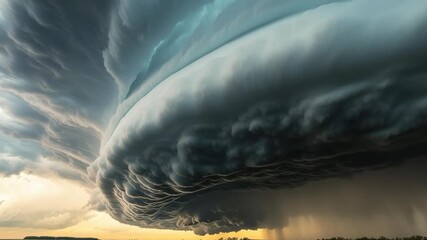 A storm cloud with a large, dark, and ominous looking wave. The sky is dark and cloudy, and the storm is approaching