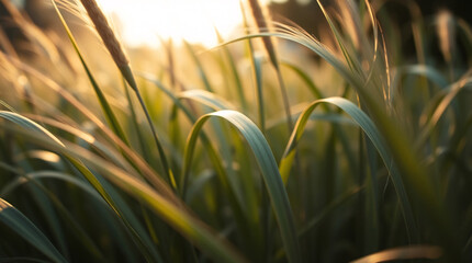 Early sunrise light casting a golden glow on dewy green barley field