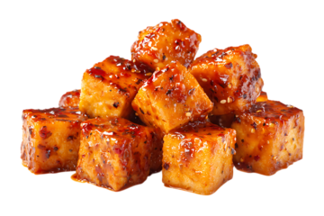 A stack of perfectly fried tofu cubes coated in a sticky, flavorful sauce on transparent background