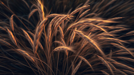 Golden field of gently swaying barley in twilight sunlight and soft breeze motion