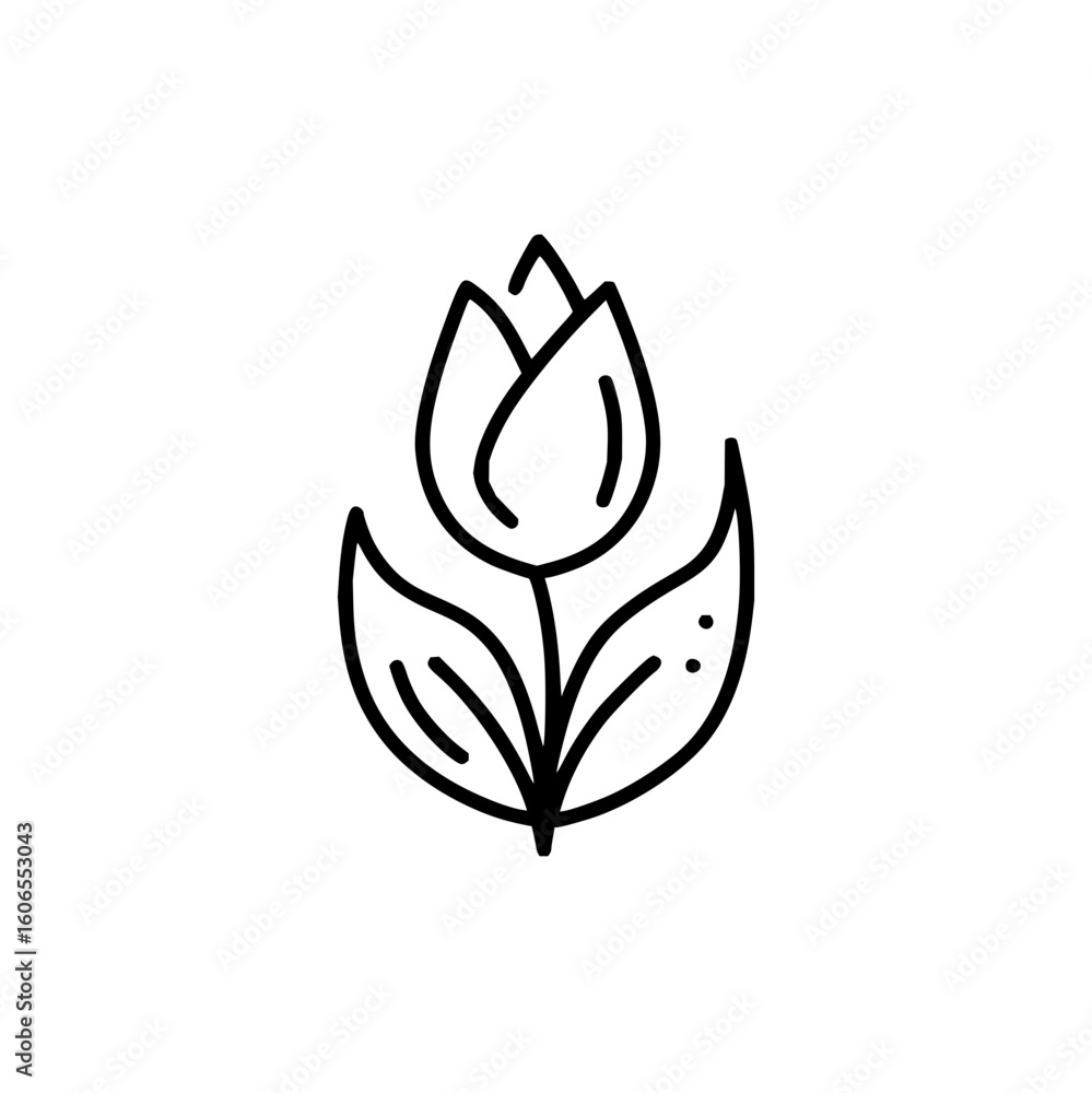 Poster a simple line drawing of a tulip with three petals and three leaves on a white background in vector 