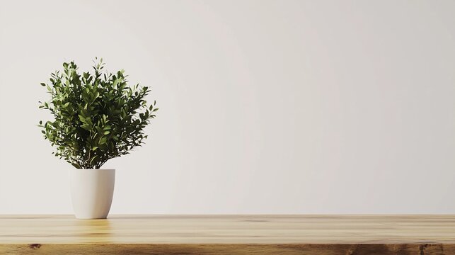 Green leafy plant in white pot on wooden surface against a white wall background