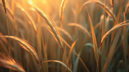 Early golden morning light shining through fresh barley leaves on peaceful countryside field