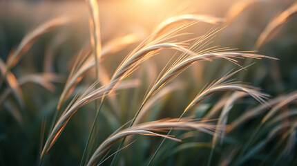 Long slender grass strands reflecting warm golden light during early evening in a serene landscape