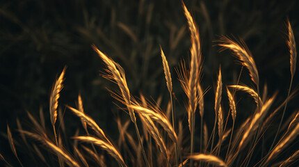 Golden cereal spikes standing tall against a dramatic dark background in a minimal evening composition