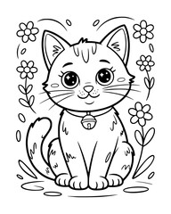 Obraz premium Cute Kitten Coloring Page for Kids – Adorable Cat Line Art with Flowers