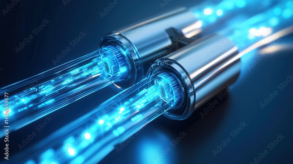 Poster complex server unit transferring data through illuminated fiber optic cables, creating a futuristic 