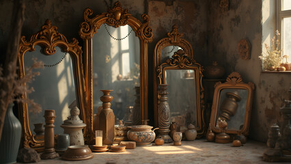 Antique mirrors for sale. Unique flea market finds. Divided light effect on vintage glass. Discover stunning reflective art pieces.