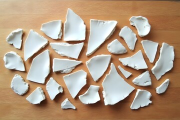 Crockery shards arranged artistically on a wooden background.
