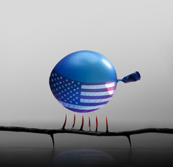 Balloon with the American flag floats near sharp spikes, representing looming financial risks in the United States, economic downturn and investment uncertainty