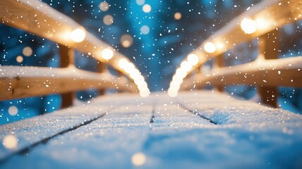 Delicate snowflakes drifting over wooden bridge during golden sunset, painting tranquil winter landscape with soft, ethereal light