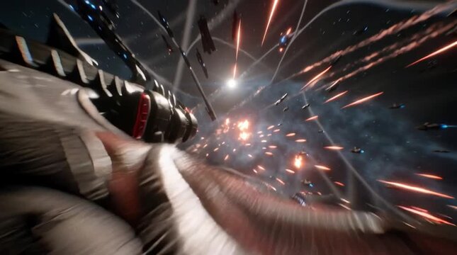 dragon-spaceship hybrid roaring in the middle of a galactic battle, its mouth opening to release a beam of plasma energy, wings sweeping with shockwaves, enemy ships scatter, explosions and debris fil