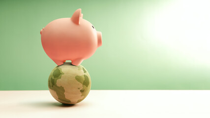 Piggy bank balance cautiously on globe, symbolizing global financial instability, uncertainty, and looming risk of economic recession