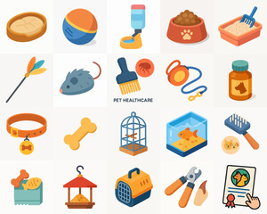 Isometric Colorful Pet Essential Element Illustration Set for Microstock
