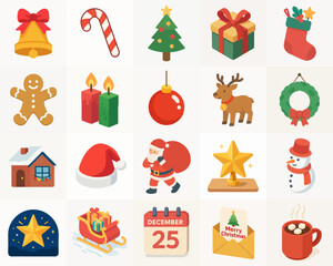 Flat Design Festive Christmas Celebration Icon Collection Set in Cartoon Style