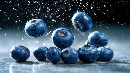 Ripe on sprinkled blueberries powdered sugar are bouncing with a white surface, creating a dynamic and delicious scene