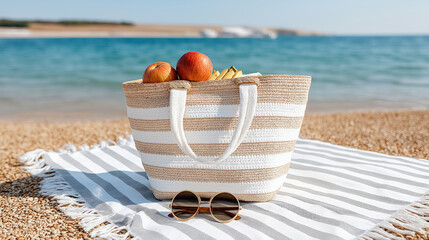 Striped beach bag with apples on blanket by ocean shore