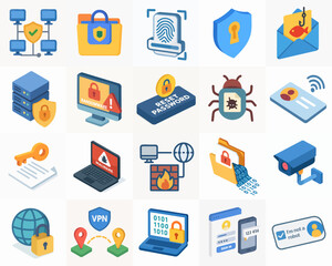 Isometric Cybersecurity Protection and Data Security Icon Illustration Set