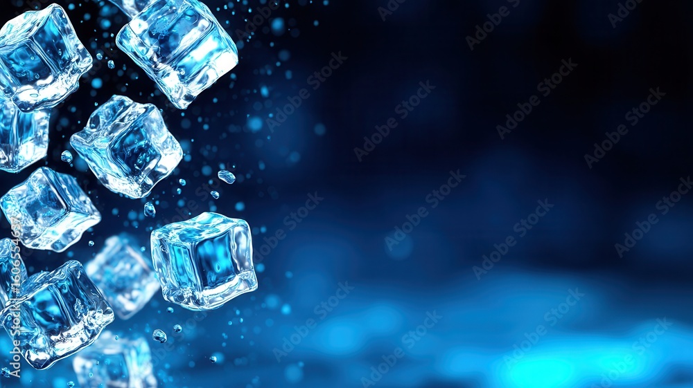 Aufkleber ice cubes splashing onto a wet surface, creating blue dynamic against a motion background, offering 
