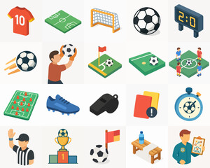 Isometric Flat Design Soccer Sport Equipment and Field Illustration Set