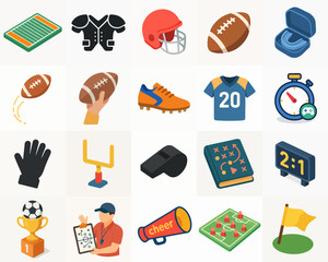 Isometric Detailed Sport Equipment and American Football Icon Set Illustration