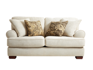 Cozy living room sofa with decorative pillows indoor home decor. Isolated on transparent background, png.