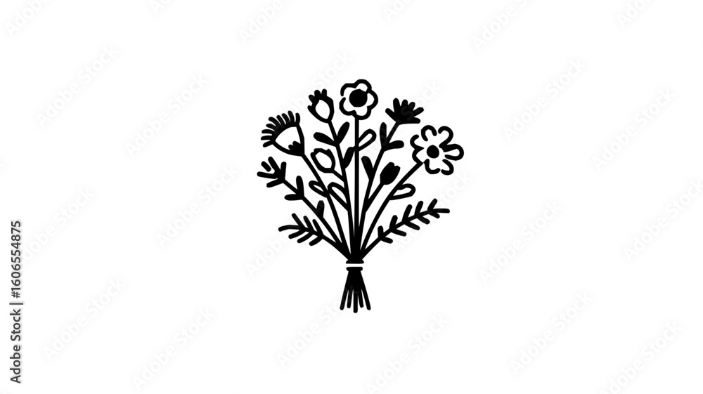 Poster a simple black and white drawing of a bouquet of flowers tied together with a string at the bottom e