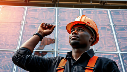 Future of green energy. An African American engineer in a hard hat looks up proudly in front of modern solar panels.