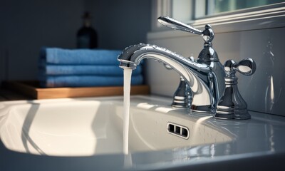 Chrome faucet water flow into a white sink, blue towels background