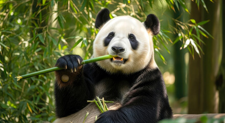 giant panda eating bamboo in natural habitat