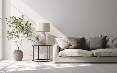 Sunlit minimalist living room with an off-white sofa, side table, plant, and lamp.  A serene and airy atmosphere is created by the natural light