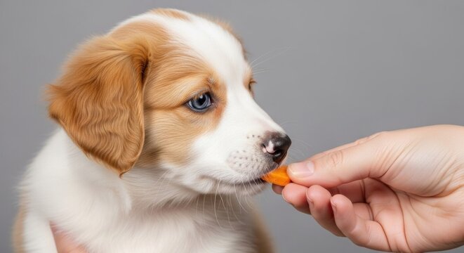 Puppy eating a carrot. A small, adorable puppy with orange and white fur is receiving a piece of carrot