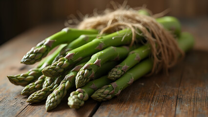Asparagus bundled with twine. Rustic food photography ideas. Fresh produce in a natural setting. Creative styling for vegetables.