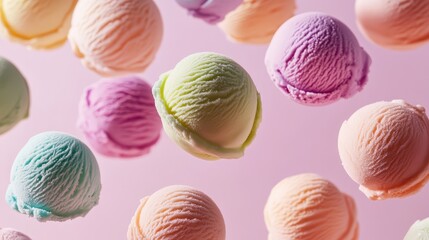 Floating ice cream scoops in various colors with soft shadow, abstract composition