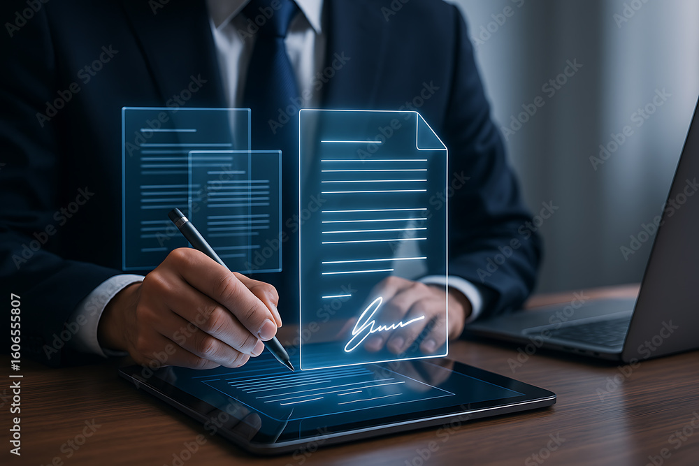 Poster digital document signing with business professional using electronic signature on tablet, futuristic