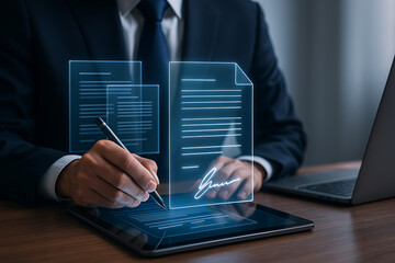 Digital document signing with business professional using electronic signature on tablet, futuristic contract management and secure online paperwork