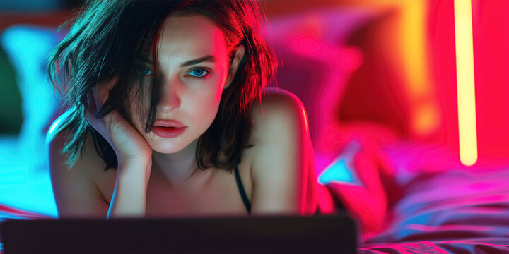 beautiful sexy young woman webcam model in lingerie erotic chats and streaming adult web podcast on online videos on a laptop lying on bed in the bedroom