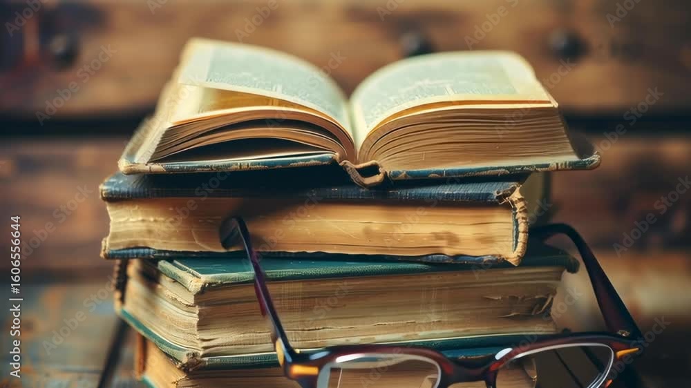 Poster a stack of books with a pair of glasses on top. the glasses are brown and have a black frame. the bo
