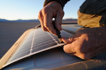 Installing a flexible solar panel. Close up of hands connecting a cable to a flexible solar panel on a vehicle roof, for off-grid power and van life.