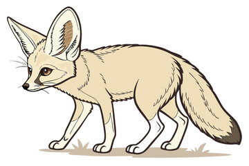 Adorable Fennec Fox with Large Ears Stands on the Ground Looking Left in a Cartoon Vector Drawing