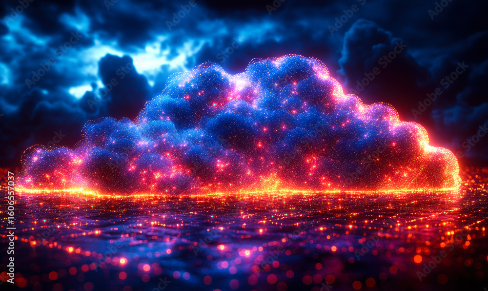 Poster digital cloud computing network with glowing data points and fiery orange light effects under dark s