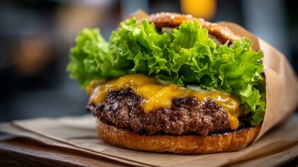 Gourmet beef patty with melted cheese and lettuce wrap as a keto fast food option