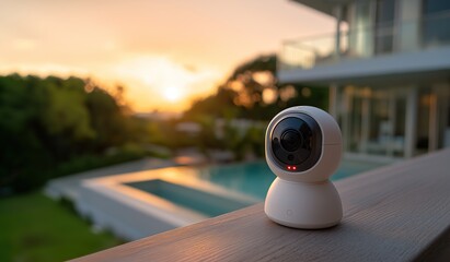 Close-up of a sleek smart home security camera mounted on a balcony overlooking a swimming pool with sunset in the background, showcasing modern smart house technology for safety and surveillance